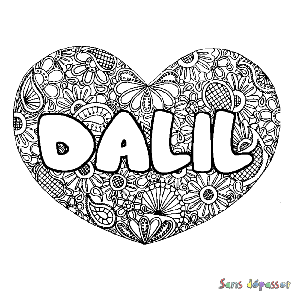 Coloriage pr&eacute;nom DALIL - d&eacute;cor Mandala coeur