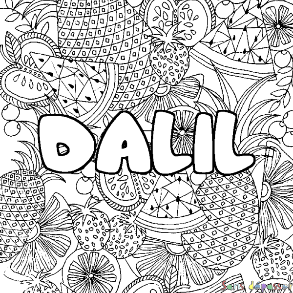 Coloriage pr&eacute;nom DALIL - d&eacute;cor Mandala fruits