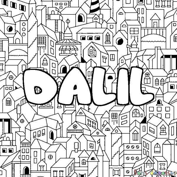 Coloriage pr&eacute;nom DALIL - d&eacute;cor Ville