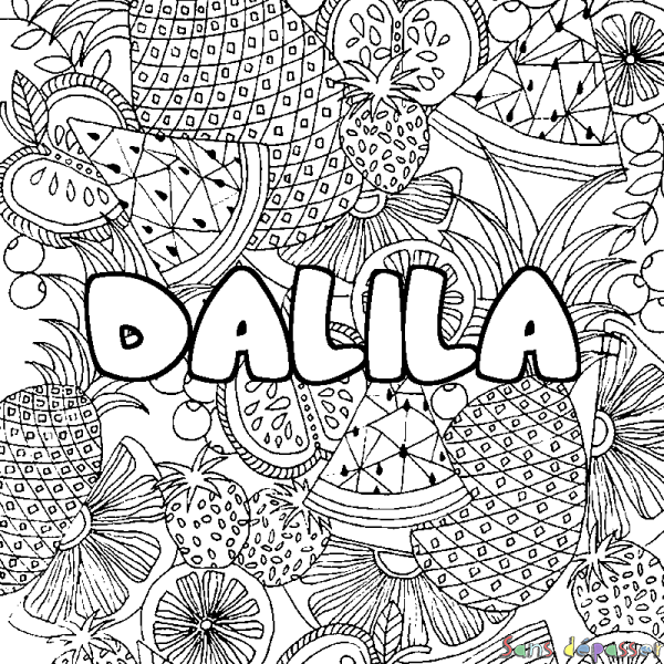 Coloriage prénom DALILA - d&eacute;cor Mandala fruits