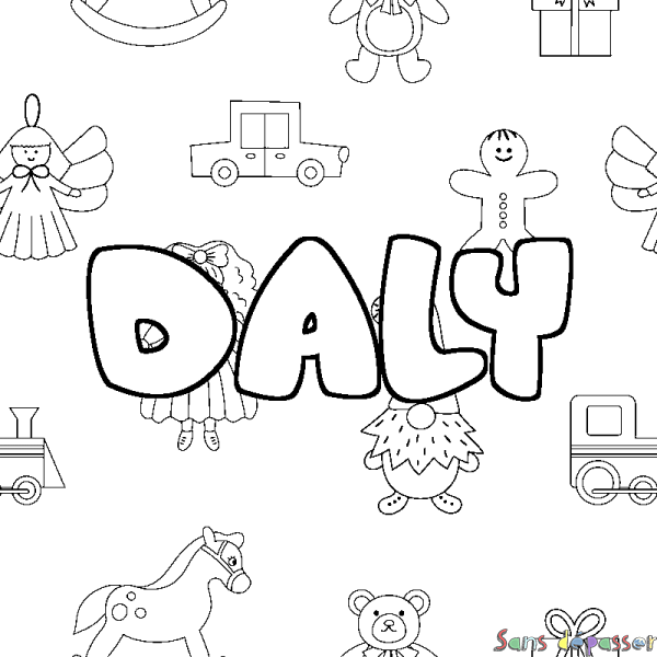 Coloriage pr&eacute;nom DALY - d&eacute;cor Jouets