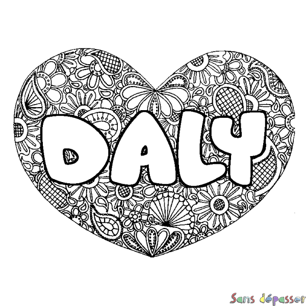 Coloriage pr&eacute;nom DALY - d&eacute;cor Mandala coeur