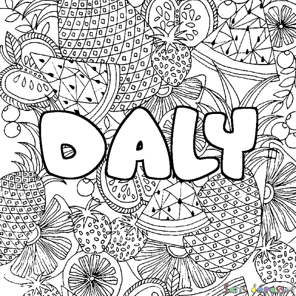 Coloriage pr&eacute;nom DALY - d&eacute;cor Mandala fruits