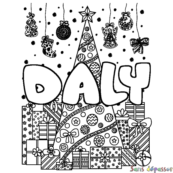 Coloriage pr&eacute;nom DALY - d&eacute;cor Sapin et Cadeaux