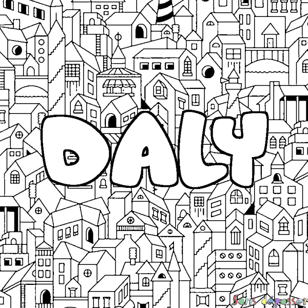 Coloriage pr&eacute;nom DALY - d&eacute;cor Ville