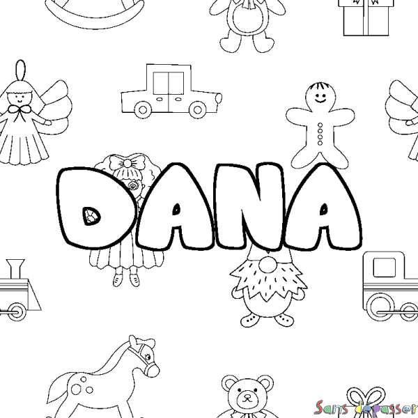 Coloriage pr&eacute;nom DANA - d&eacute;cor Jouets