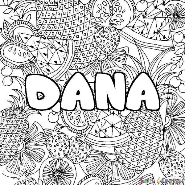 Coloriage prénom DANA - d&eacute;cor Mandala fruits