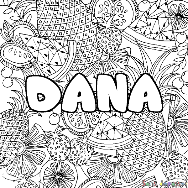 Coloriage pr&eacute;nom DANA - d&eacute;cor Mandala fruits