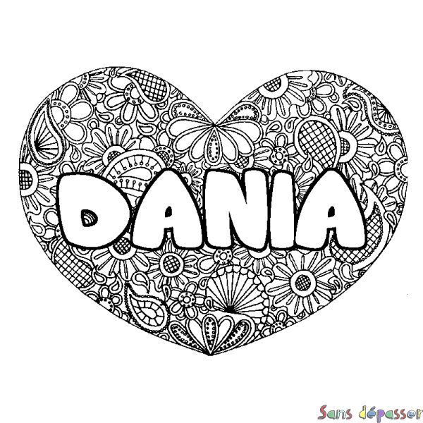 Coloriage prénom DANIA - d&eacute;cor Mandala coeur
