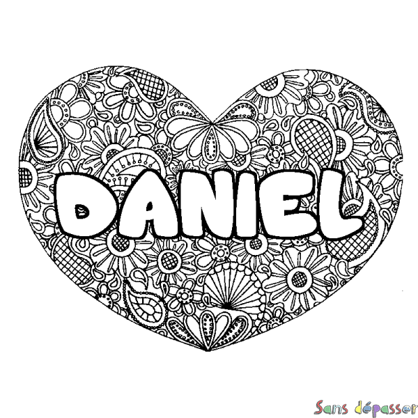 Coloriage prénom DANIEL - d&eacute;cor Mandala coeur