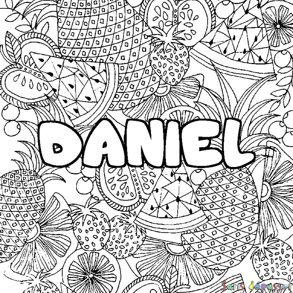 Coloriage prénom DANIEL - d&eacute;cor Mandala fruits