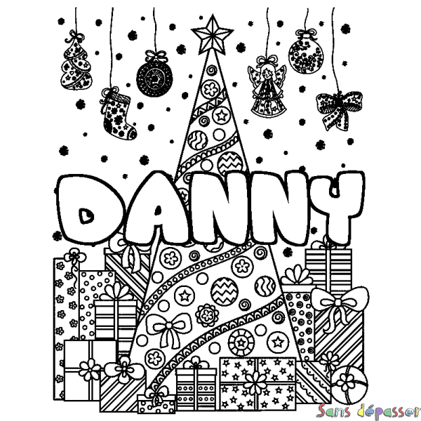 Coloriage prénom DANNY - d&eacute;cor Sapin et Cadeaux