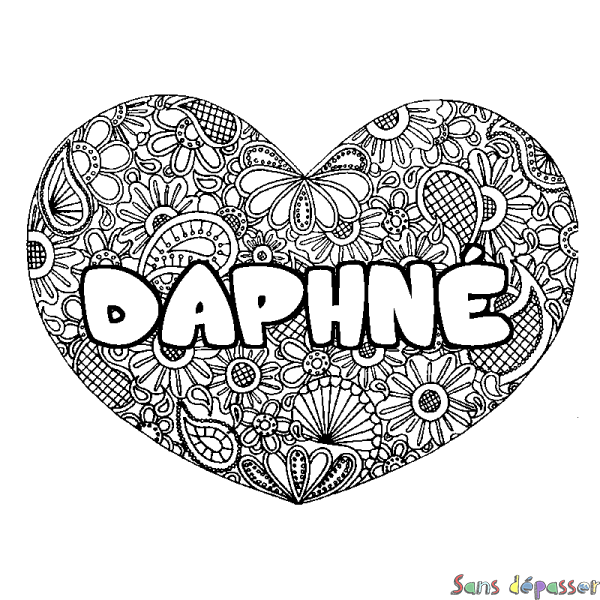 Coloriage pr&eacute;nom DAPHN&Eacute; - d&eacute;cor Mandala coeur