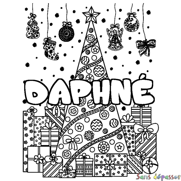 Coloriage prénom DAPHN&Eacute; - d&eacute;cor Sapin et Cadeaux