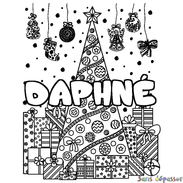 Coloriage pr&eacute;nom DAPHN&Eacute; - d&eacute;cor Sapin et Cadeaux