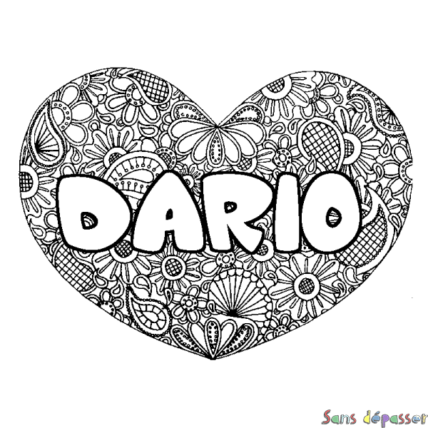 Coloriage pr&eacute;nom DARIO - d&eacute;cor Mandala coeur