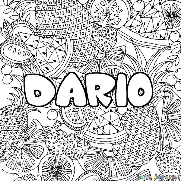 Coloriage pr&eacute;nom DARIO - d&eacute;cor Mandala fruits
