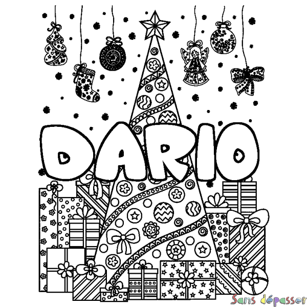 Coloriage prénom DARIO - d&eacute;cor Sapin et Cadeaux