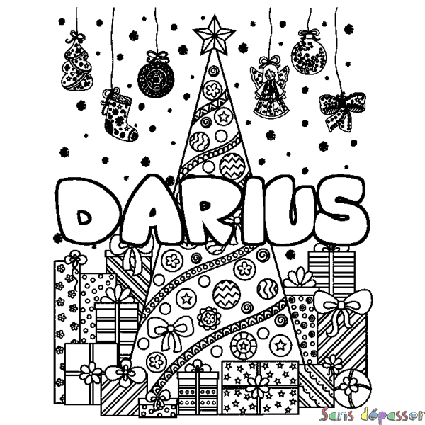 Coloriage prénom DARIUS - d&eacute;cor Sapin et Cadeaux