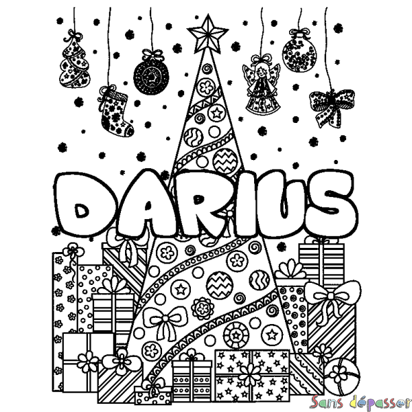 Coloriage pr&eacute;nom DARIUS - d&eacute;cor Sapin et Cadeaux