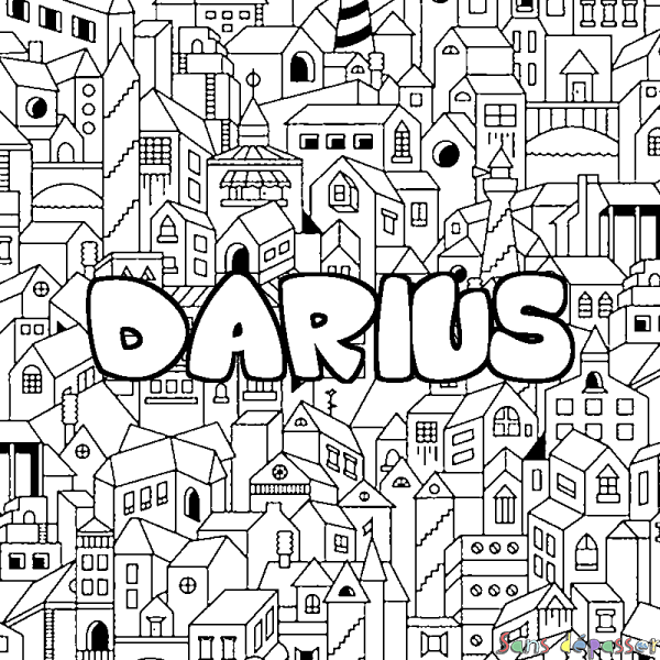 Coloriage pr&eacute;nom DARIUS - d&eacute;cor Ville