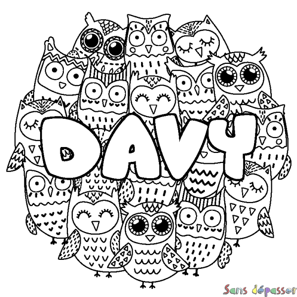 Coloriage pr&eacute;nom DAVY - d&eacute;cor Chouettes