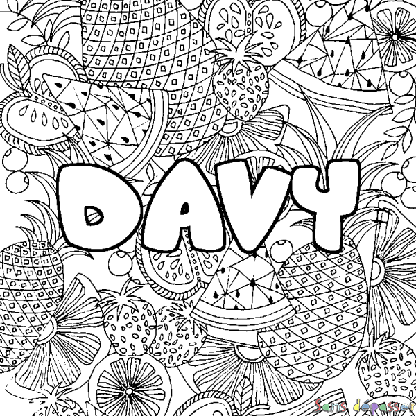 Coloriage pr&eacute;nom DAVY - d&eacute;cor Mandala fruits