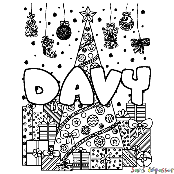 Coloriage pr&eacute;nom DAVY - d&eacute;cor Sapin et Cadeaux