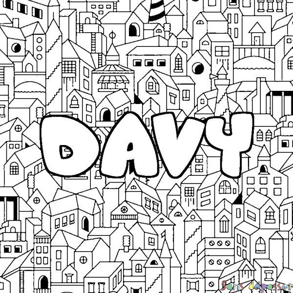 Coloriage pr&eacute;nom DAVY - d&eacute;cor Ville
