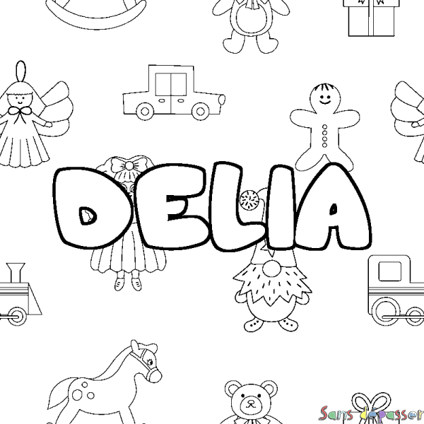 Coloriage pr&eacute;nom DELIA - d&eacute;cor Jouets