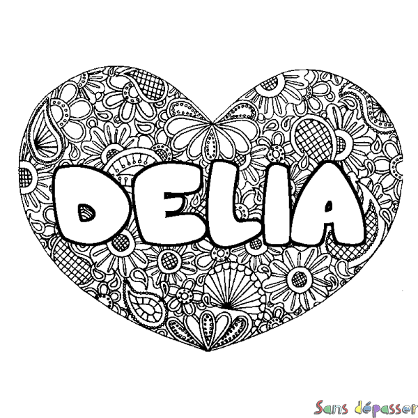 Coloriage pr&eacute;nom DELIA - d&eacute;cor Mandala coeur