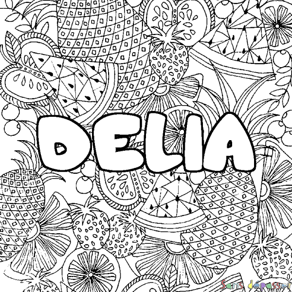 Coloriage prénom DELIA - d&eacute;cor Mandala fruits