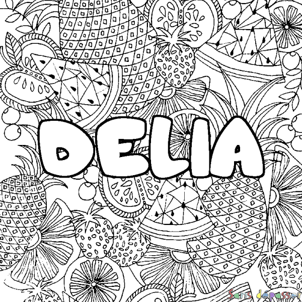Coloriage pr&eacute;nom DELIA - d&eacute;cor Mandala fruits