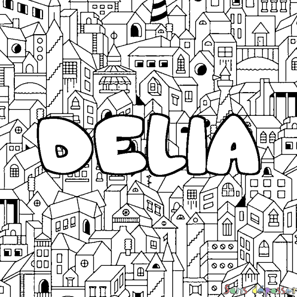 Coloriage pr&eacute;nom DELIA - d&eacute;cor Ville