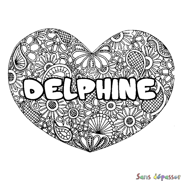 Coloriage pr&eacute;nom DELPHINE - d&eacute;cor Mandala coeur