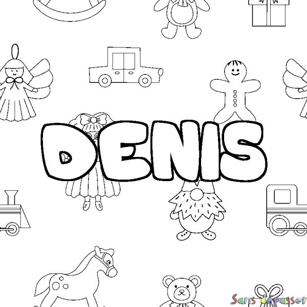 Coloriage pr&eacute;nom DENIS - d&eacute;cor Jouets