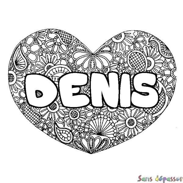 Coloriage pr&eacute;nom DENIS - d&eacute;cor Mandala coeur