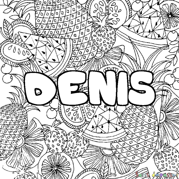 Coloriage pr&eacute;nom DENIS - d&eacute;cor Mandala fruits
