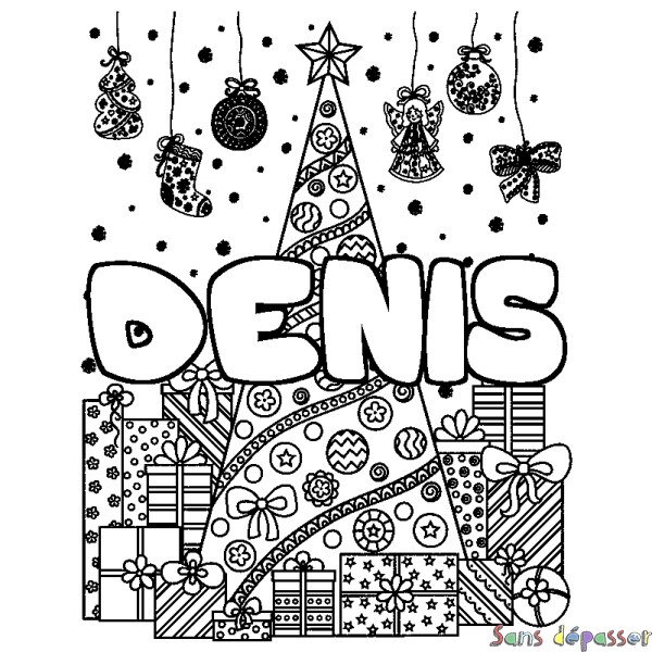 Coloriage prénom DENIS - d&eacute;cor Sapin et Cadeaux