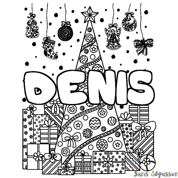 Coloriage pr&eacute;nom DENIS - d&eacute;cor Sapin et Cadeaux