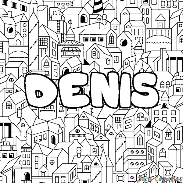 Coloriage pr&eacute;nom DENIS - d&eacute;cor Ville
