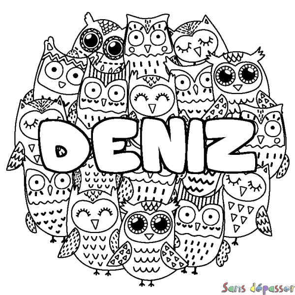 Coloriage pr&eacute;nom DENIZ - d&eacute;cor Chouettes