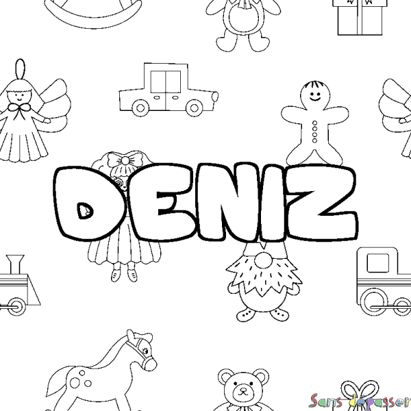 Coloriage pr&eacute;nom DENIZ - d&eacute;cor Jouets