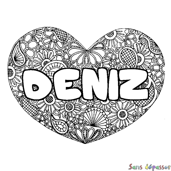 Coloriage pr&eacute;nom DENIZ - d&eacute;cor Mandala coeur