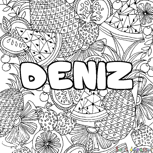 Coloriage pr&eacute;nom DENIZ - d&eacute;cor Mandala fruits