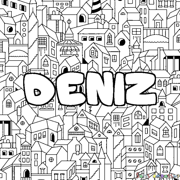 Coloriage pr&eacute;nom DENIZ - d&eacute;cor Ville