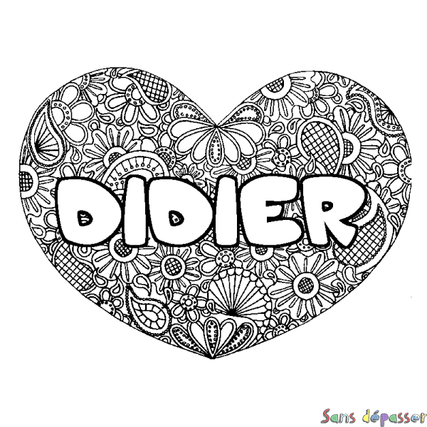 Coloriage pr&eacute;nom DIDIER - d&eacute;cor Mandala coeur