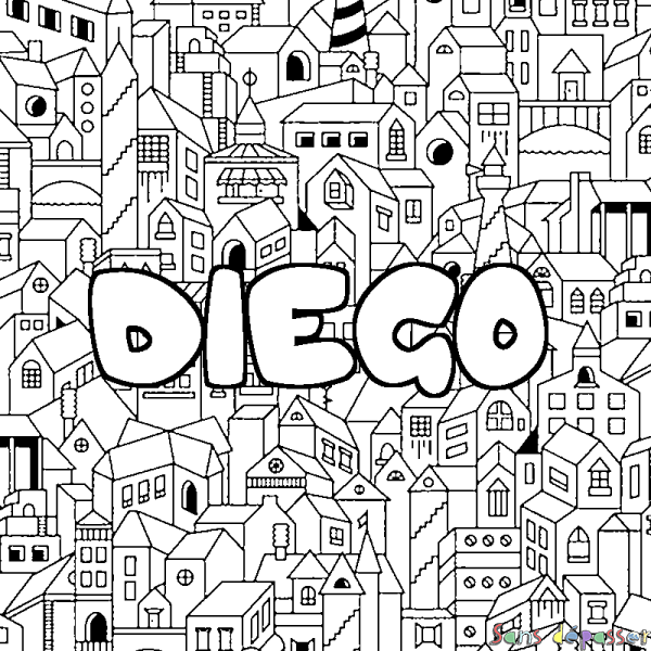 Coloriage pr&eacute;nom DIEGO - d&eacute;cor Ville