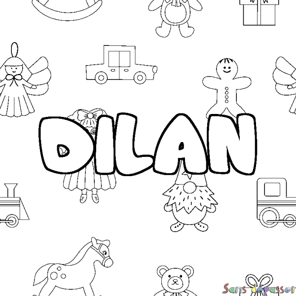 Coloriage pr&eacute;nom DILAN - d&eacute;cor Jouets