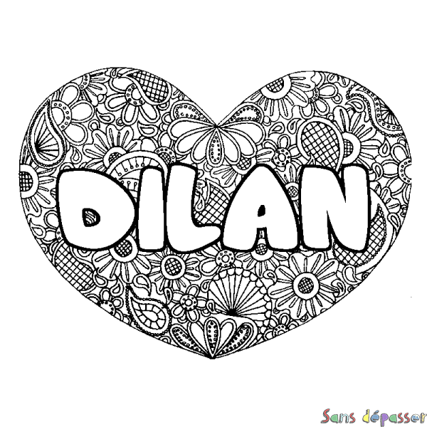 Coloriage pr&eacute;nom DILAN - d&eacute;cor Mandala coeur
